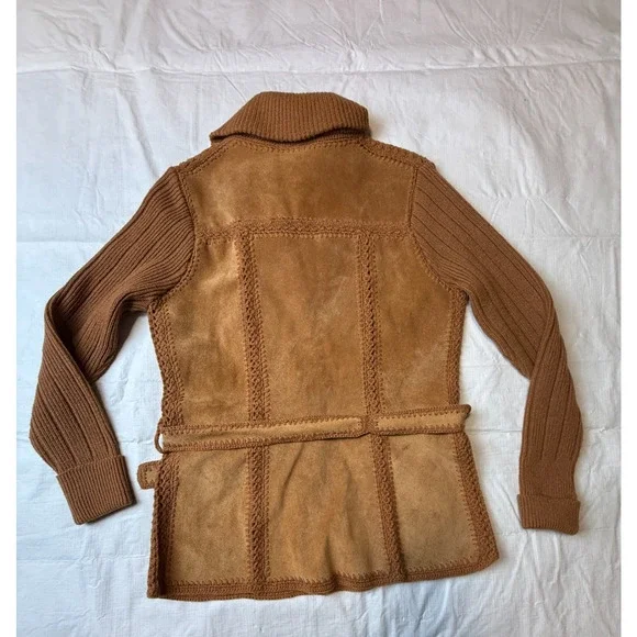 Vtg 1970's Belted Suede Knit Pieced Leather Crochet Cardigan Jacket Sz M *READ - Picture 5 of 11